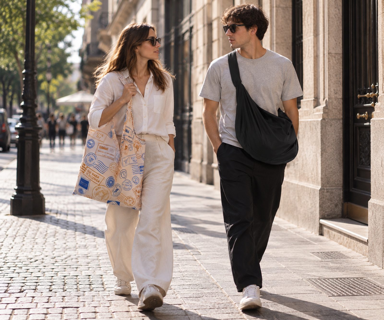 Pareja caminando por la calle, ella con una Tote y él con una Croissant