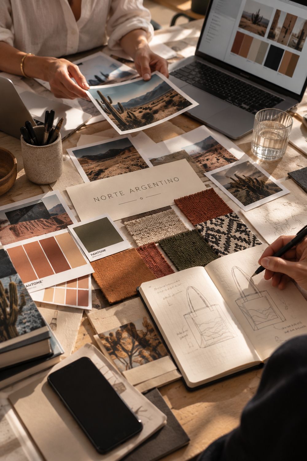 Equipo trabajando en un moodboard con fotos, colores, texturas y bocetos de bolsas