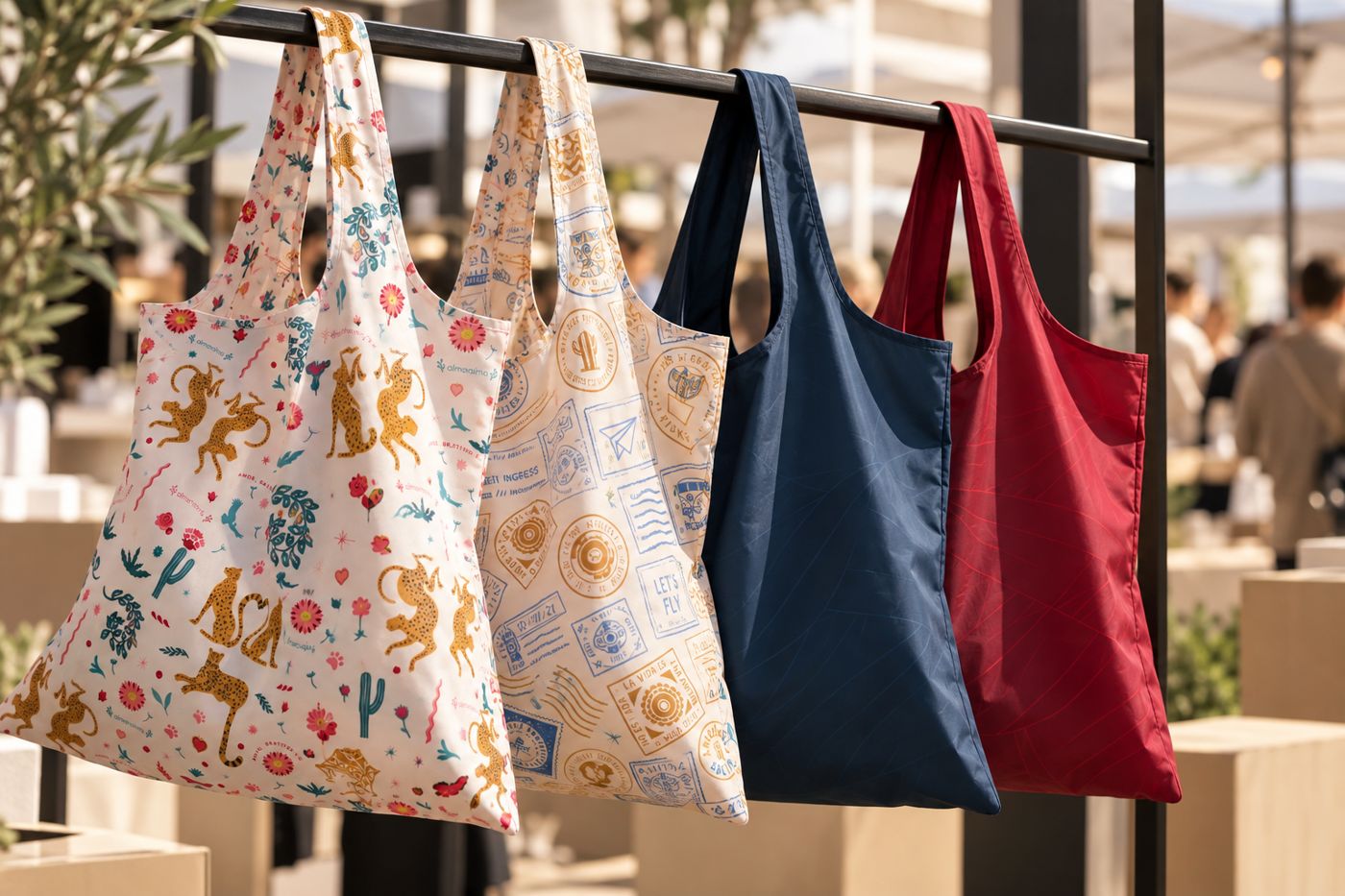 Cuatro bolsas Carbono con diseños distintos colgadas en un exhibidor