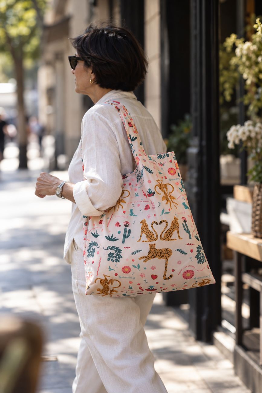 Mujer caminando por la calle con una bolsa Tote al hombro