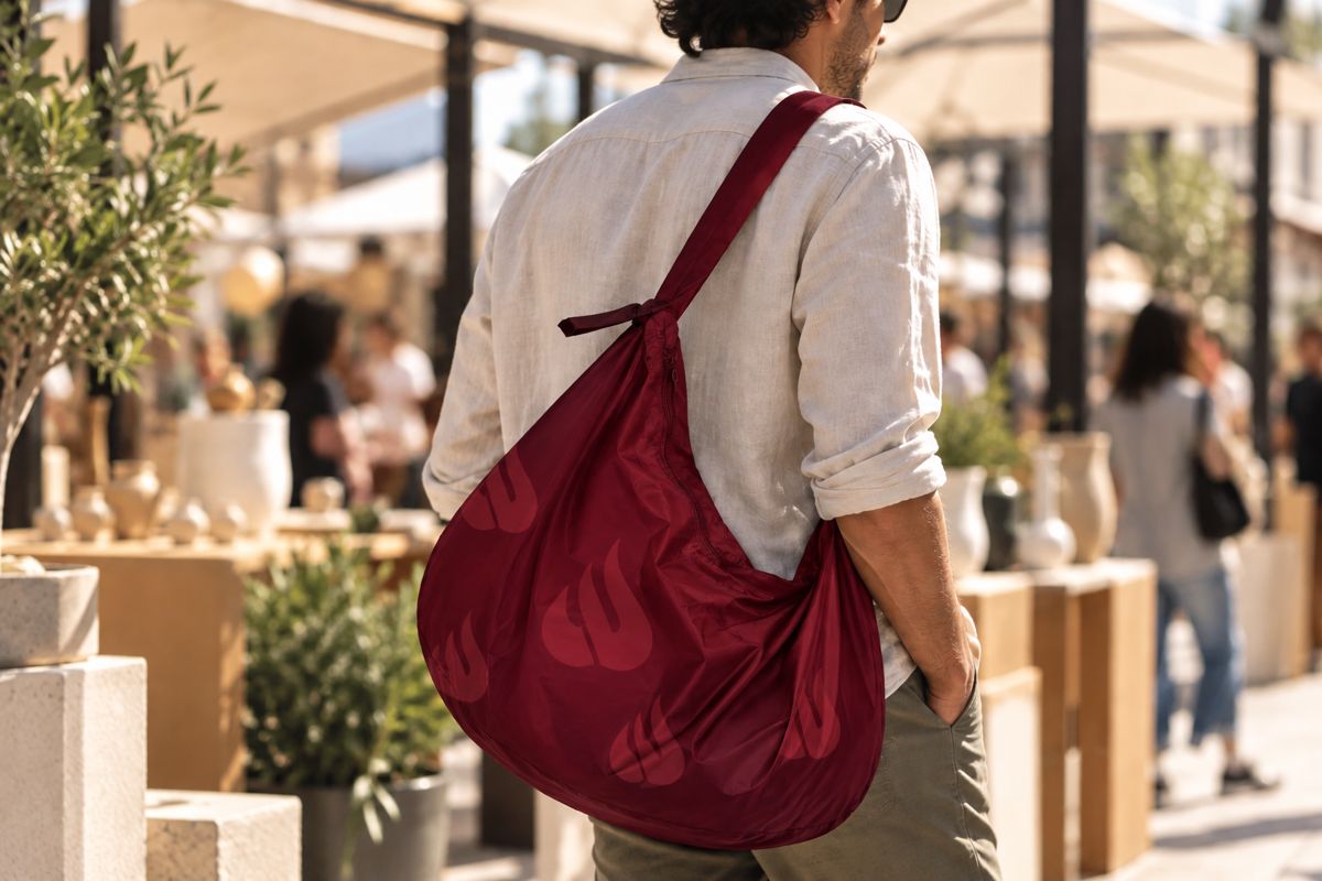 Hombre caminando con una bolsa Croissant cruzada