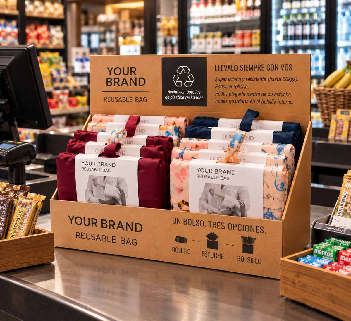 Exhibidor de bolsas con la marca del cliente junto a la caja de un local