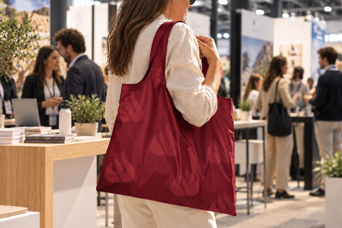 Mujer en un evento con una bolsa Tote con el logo de una marca