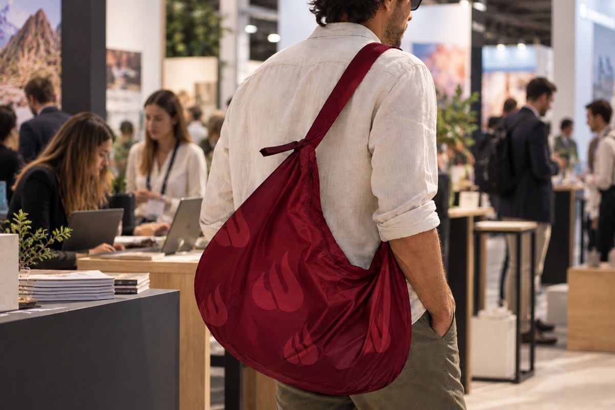 Hombre en un evento con una bolsa Croissant cruzada con el logo de una marca